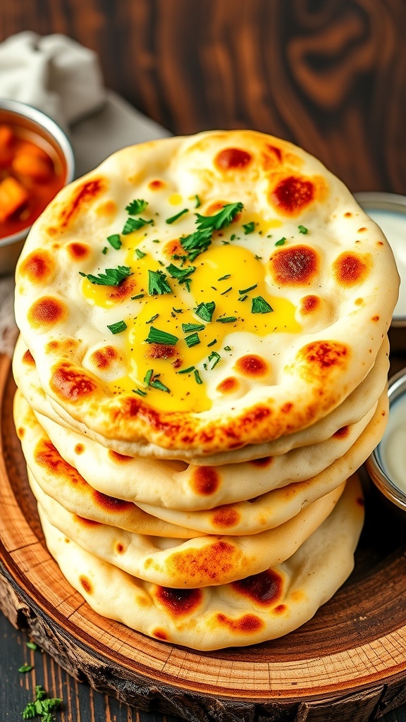Garlic Butter Naan Recipe A stack of golden garlic butter naan garnished with herbs, served with curry and yogurt on a wooden platter.